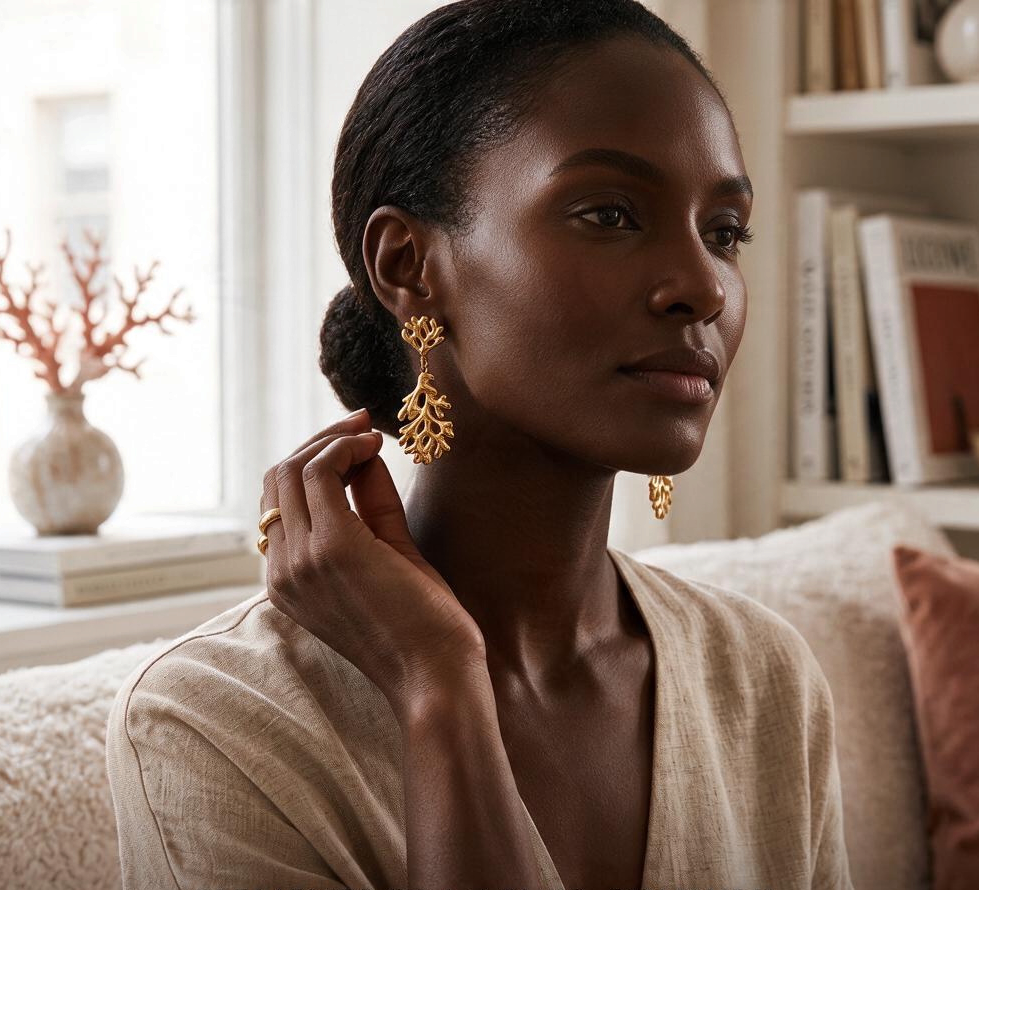 CameroonJewels Racines 18K gold plated steel drop earrings with intricate root-inspired design worn by a woman