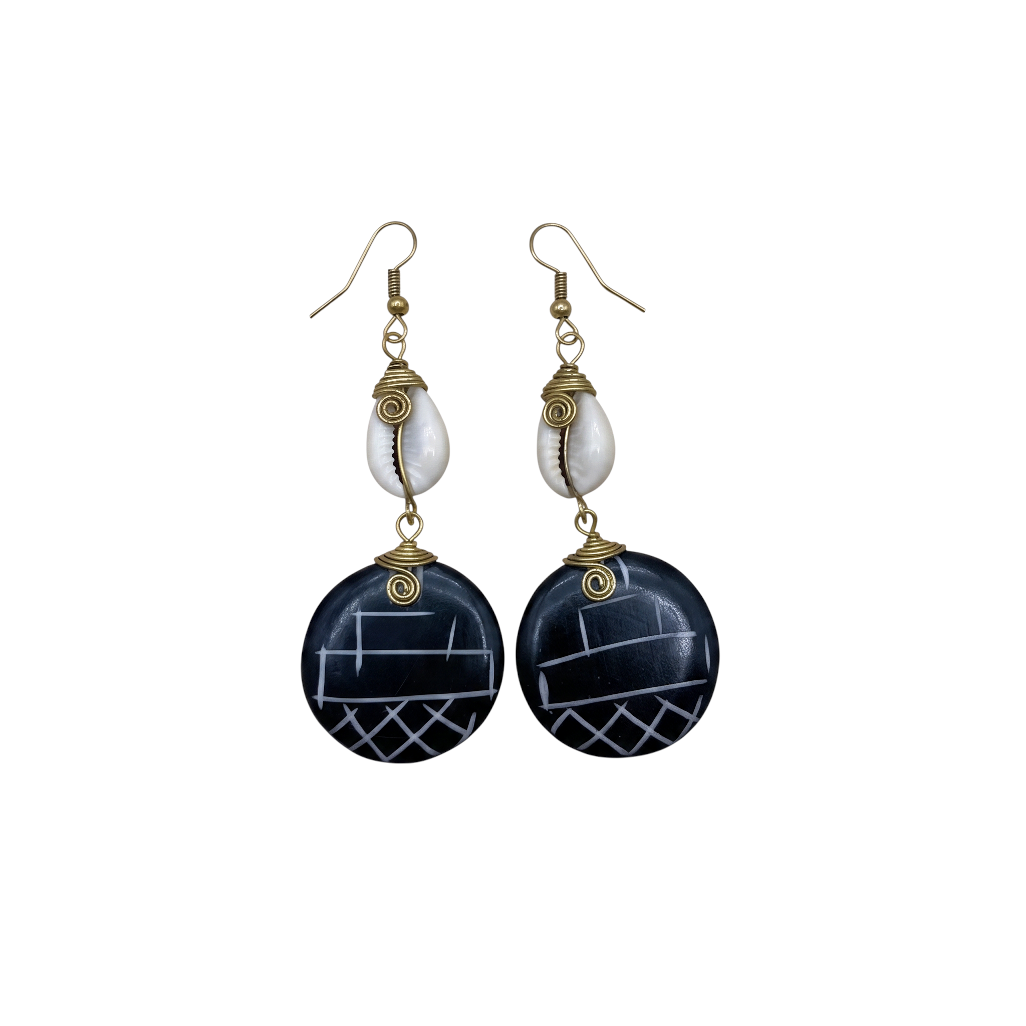 CameroonJewels Bois de Mère earrings featuring hand-carved black painted wood, brass wire, and white cowry shells.