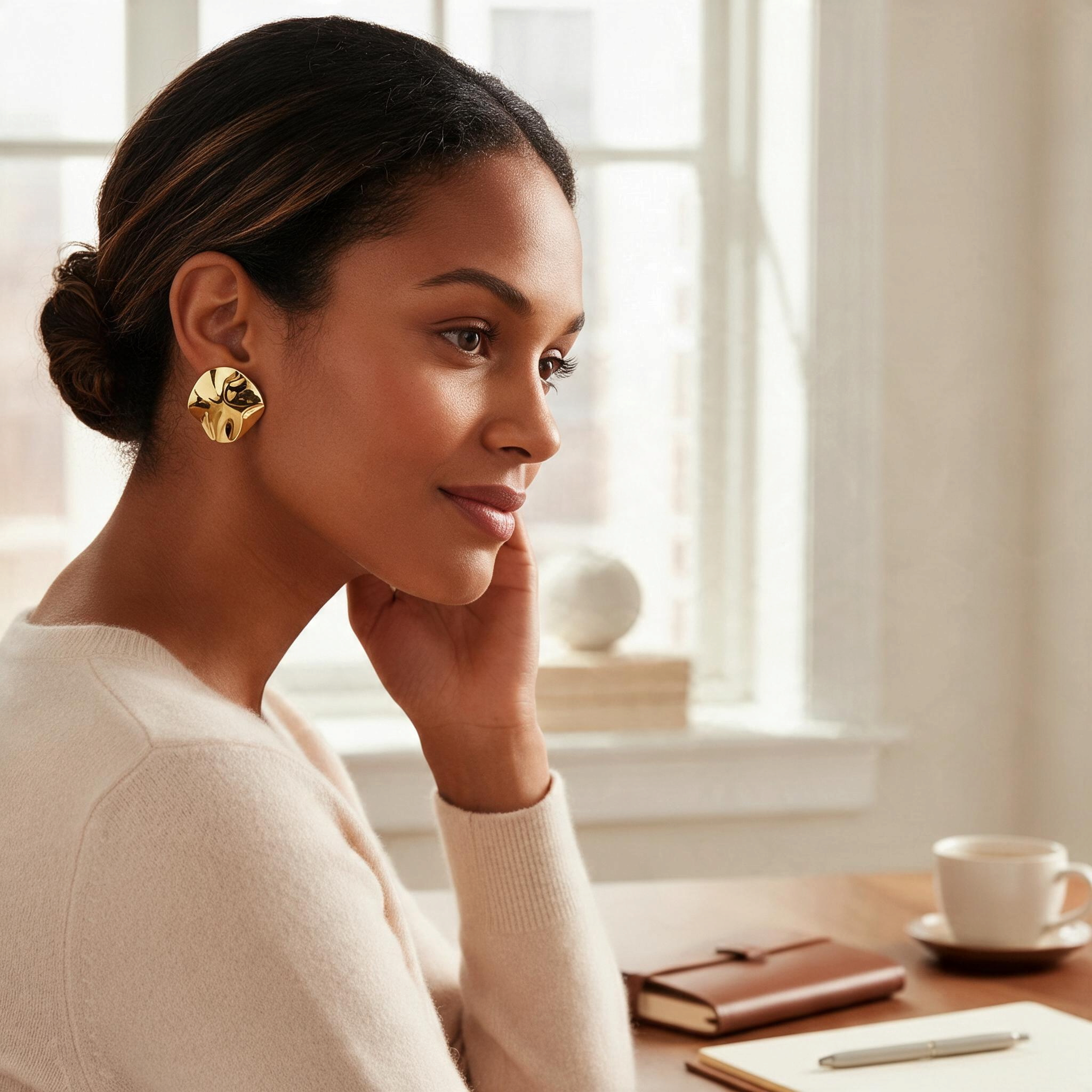 CameroonJewels Cercle d'Or 18K gold-plated earring worn by a woman in a bright, minimalist office setting.