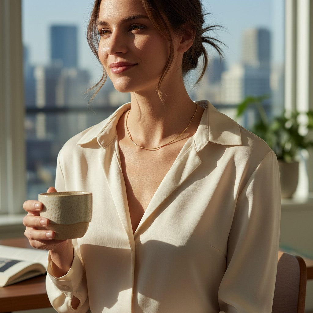 Woman wearing a delicate 18K gold-plated Fil Doré chain necklace by CameroonJewels in a sunlit office setting.