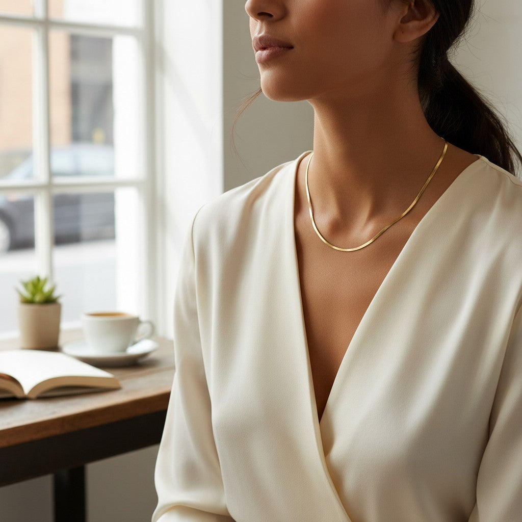 CameroonJewels Lumière Longue gold-plated stainless steel chain necklace worn by a woman in a white blouse