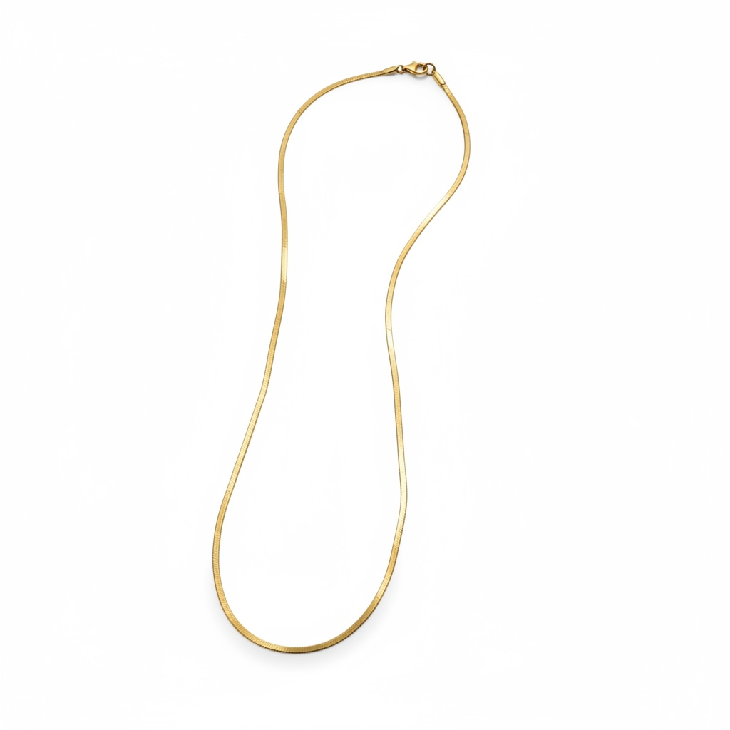 CameroonJewels Lumière Longue 18K gold-plated stainless steel herringbone chain necklace on a white background