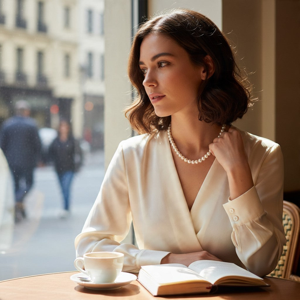 CameroonJewels La Reine Blanche multi-strand freshwater pearl necklace worn by a woman in a white blouse at a cafe