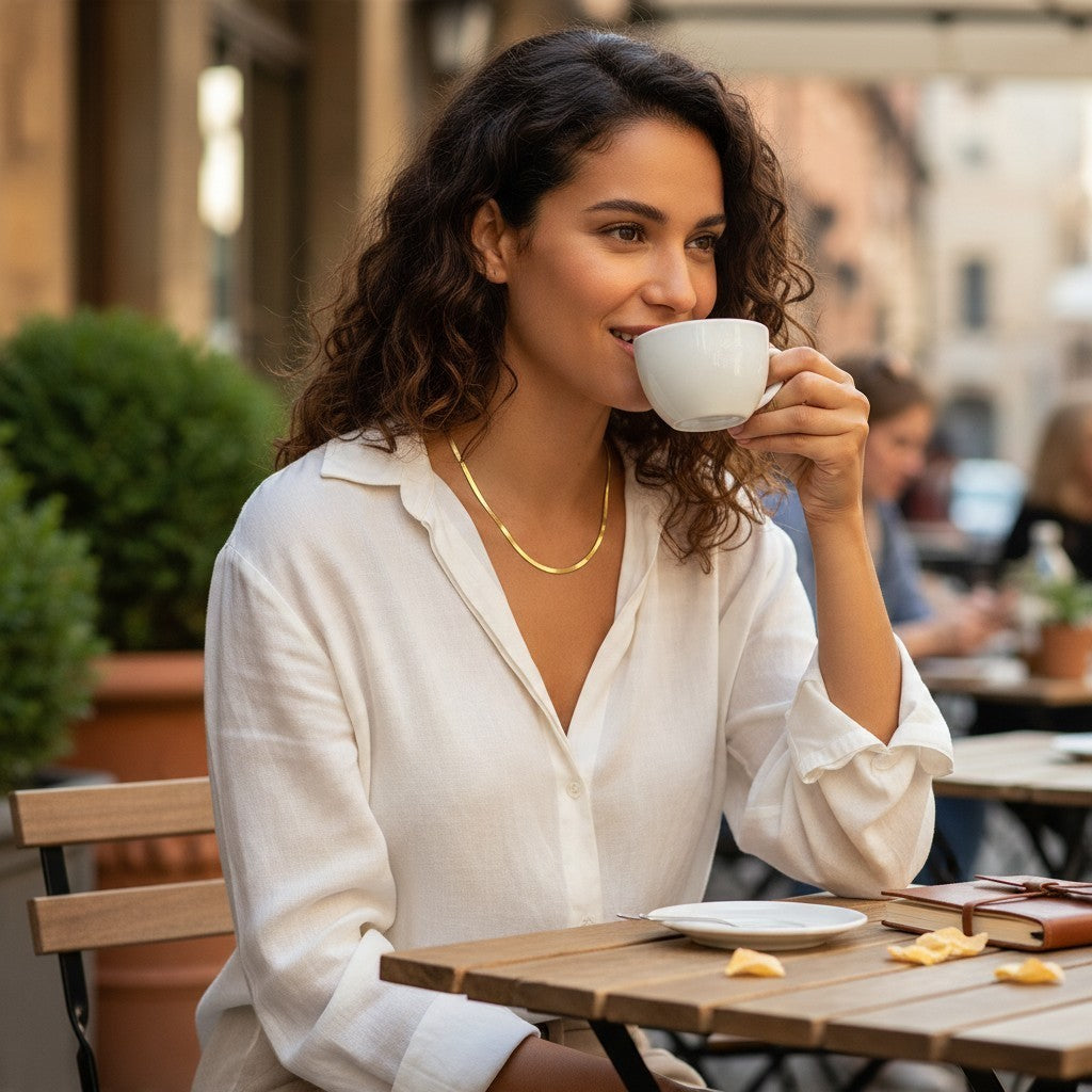 CameroonJewels Lumière Longue gold chain necklace worn by a woman drinking coffee at an outdoor cafe