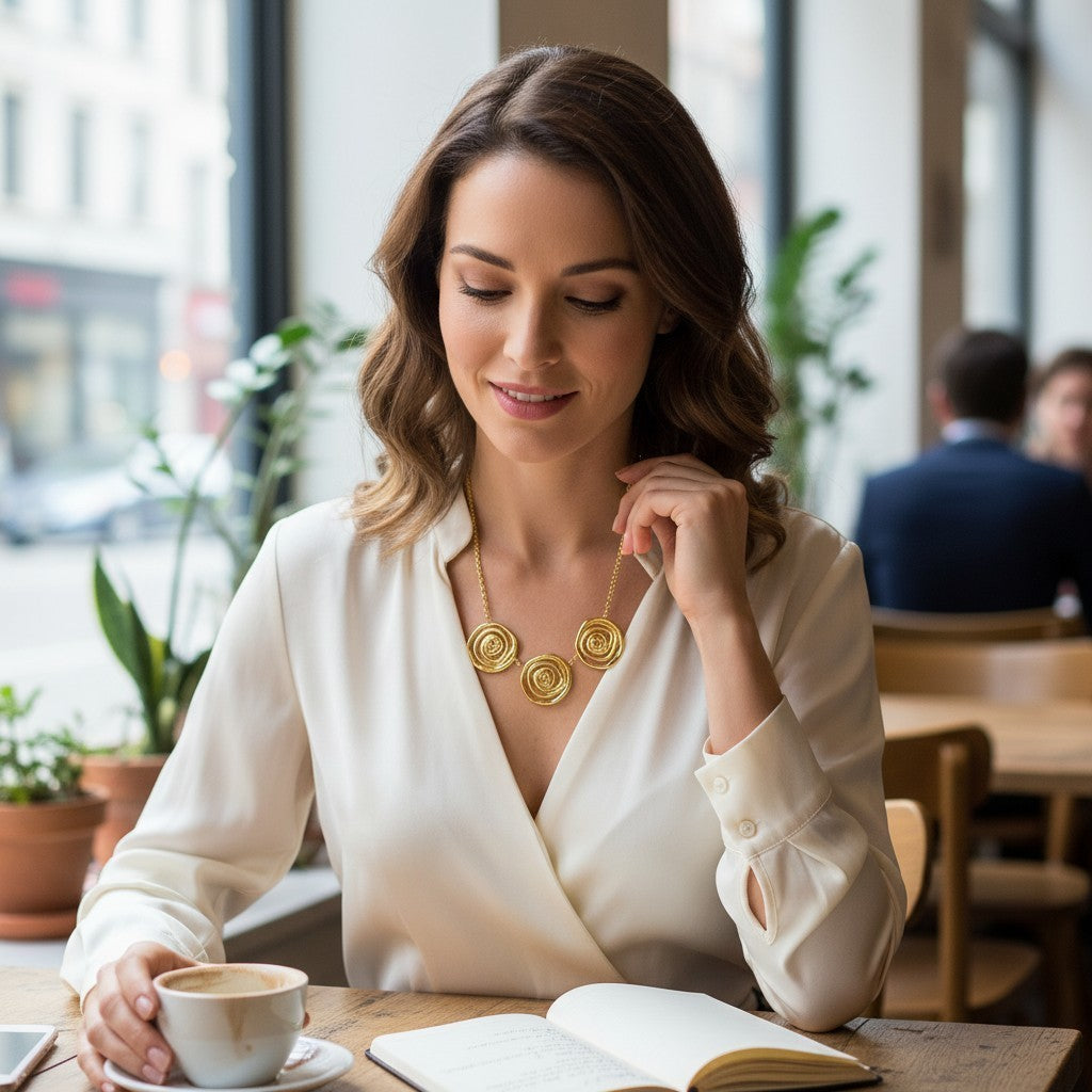 CameroonJewels Tourbillon necklace featuring three gold-plated spiral pendants worn by a woman in a cafe