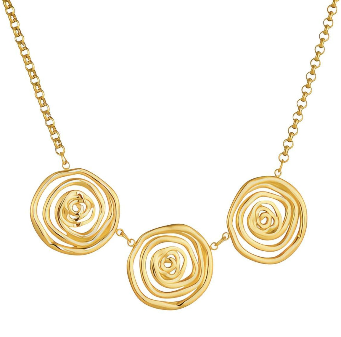 CameroonJewels Tourbillon necklace featuring three kinetic swirl pendants in 18K gold-plated waterproof steel
